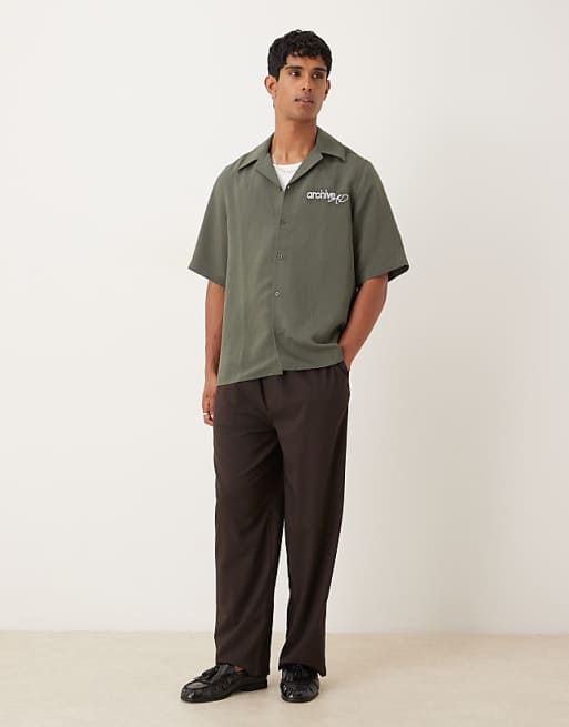 DESIGN Relaxed Revere Stripe Shirt With Embroidery In Green