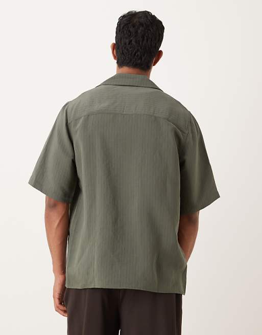 DESIGN Relaxed Revere Stripe Shirt With Embroidery In Green