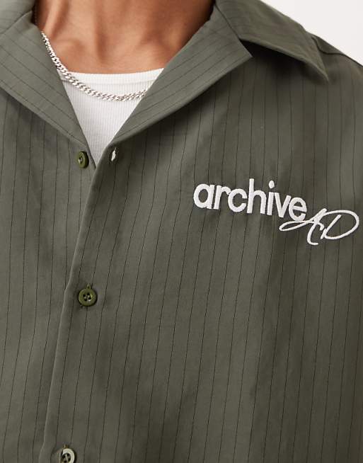 DESIGN Relaxed Revere Stripe Shirt With Embroidery In Green