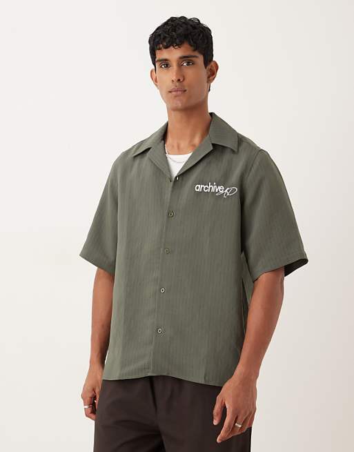 DESIGN relaxed revere stripe shirt with embroidery in green