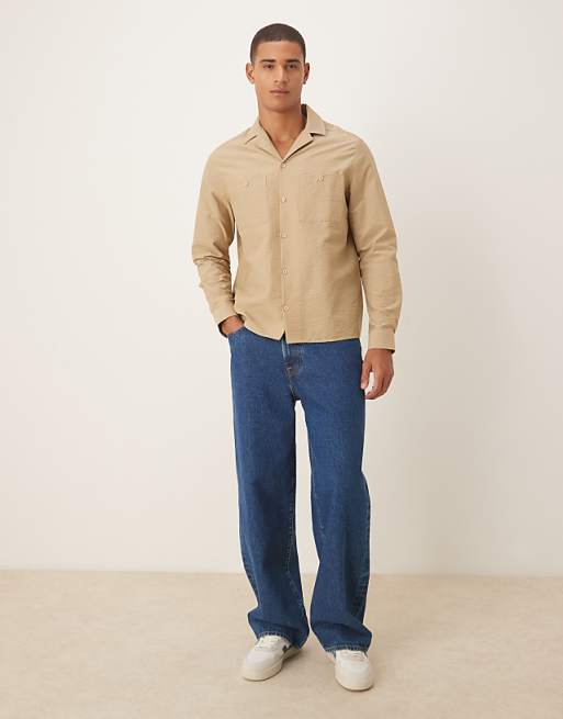 DESIGN Relaxed Revere Textured Shirt With Double Pockets In Beige