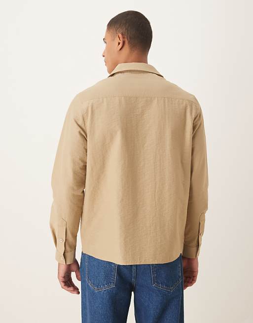 DESIGN Relaxed Revere Textured Shirt With Double Pockets In Beige