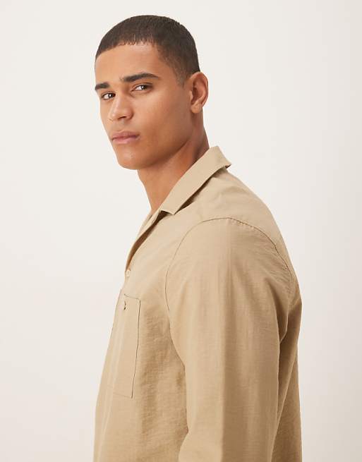 DESIGN Relaxed Revere Textured Shirt With Double Pockets In Beige