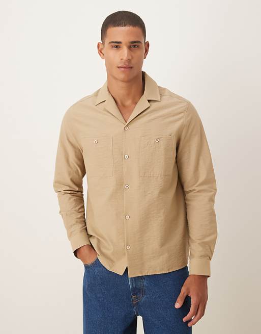 DESIGN relaxed revere textured shirt with double pockets in beige
