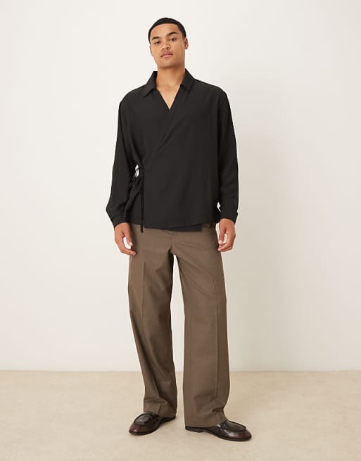 DESIGN Relaxed Satin Wrap Around Shirt In Black