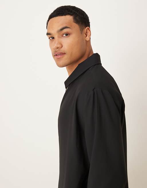 DESIGN Relaxed Satin Wrap Around Shirt In Black
