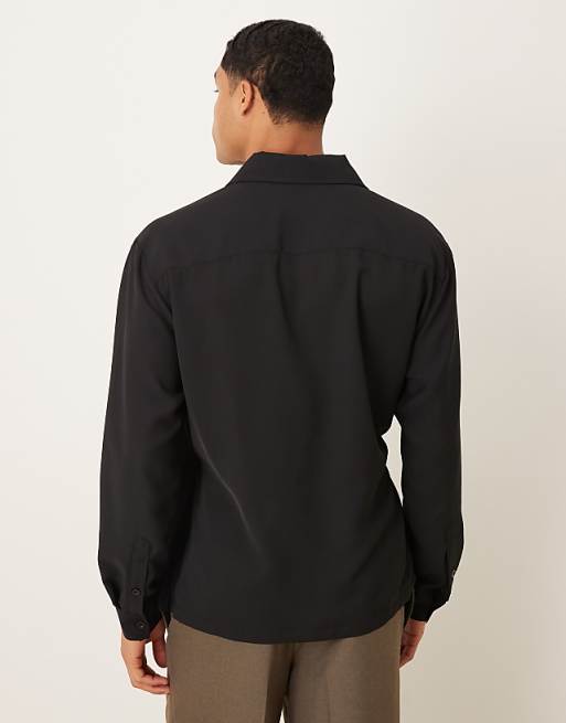 DESIGN Relaxed Satin Wrap Around Shirt In Black