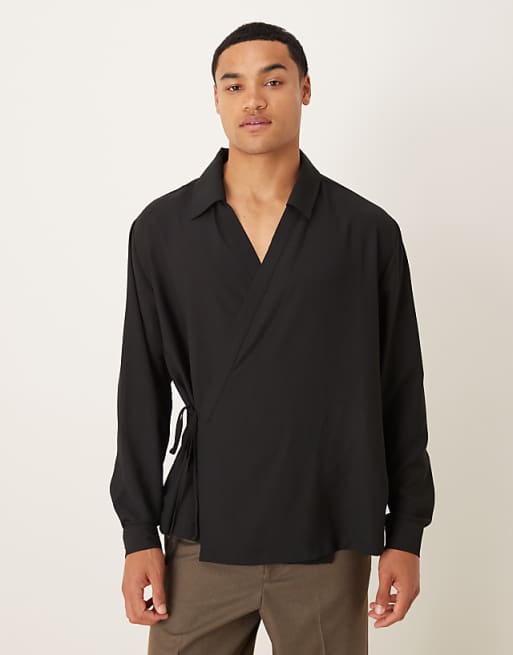 DESIGN relaxed satin wrap around shirt in black