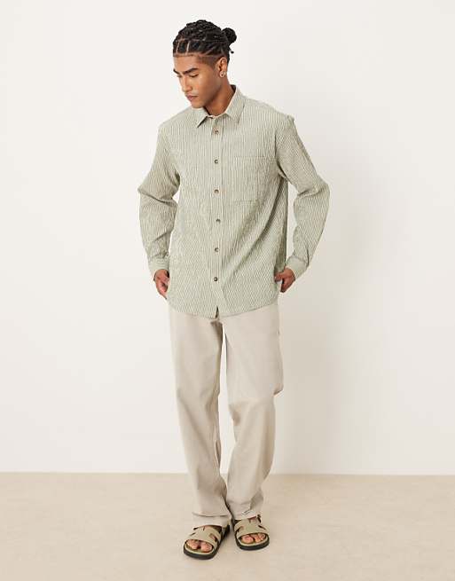DESIGN Relaxed Seersucker Shirt In Green And White Stripe