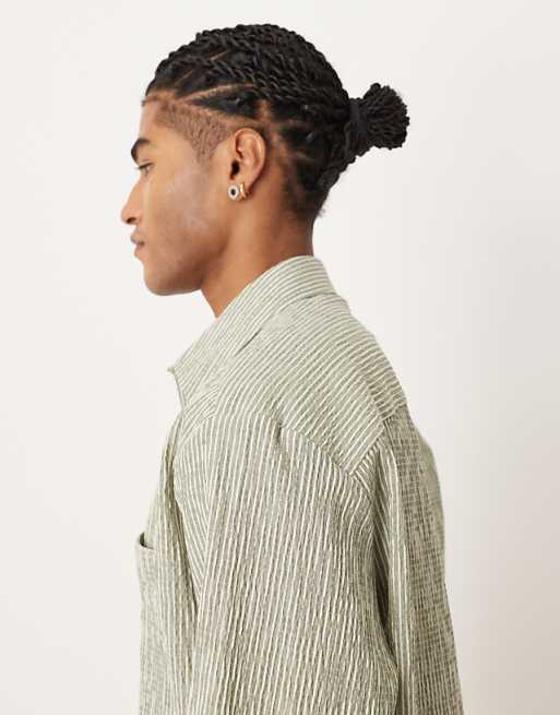 DESIGN Relaxed Seersucker Shirt In Green And White Stripe