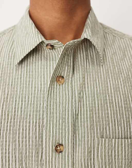 DESIGN Relaxed Seersucker Shirt In Green And White Stripe
