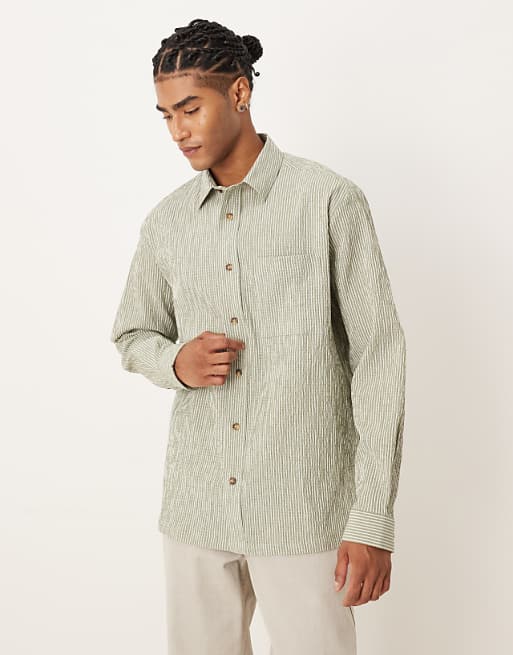 DESIGN relaxed seersucker shirt in green and white stripe