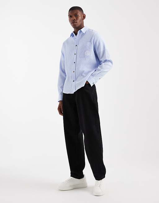 DESIGN Relaxed Seersucker Shirt With Embroidery In Blue