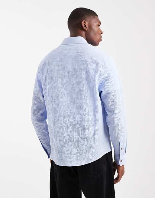 DESIGN Relaxed Seersucker Shirt With Embroidery In Blue