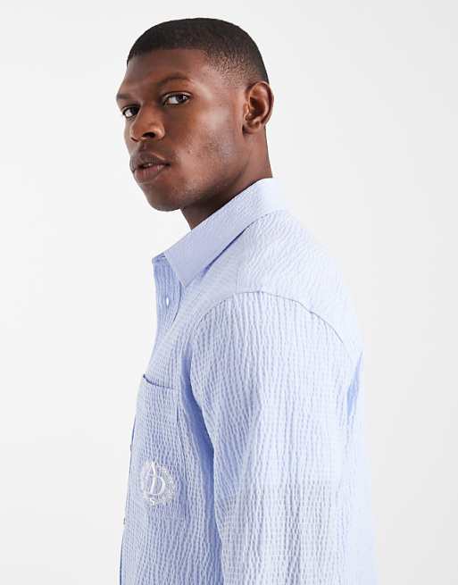 DESIGN Relaxed Seersucker Shirt With Embroidery In Blue