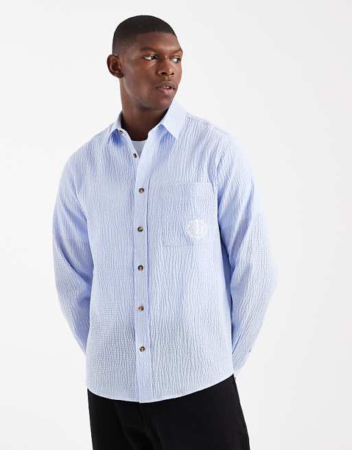 DESIGN relaxed seersucker shirt with embroidery in blue