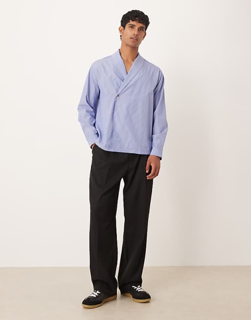 DESIGN Relaxed Shawl Collar Wrap Over Shirt In Blue Stripe
