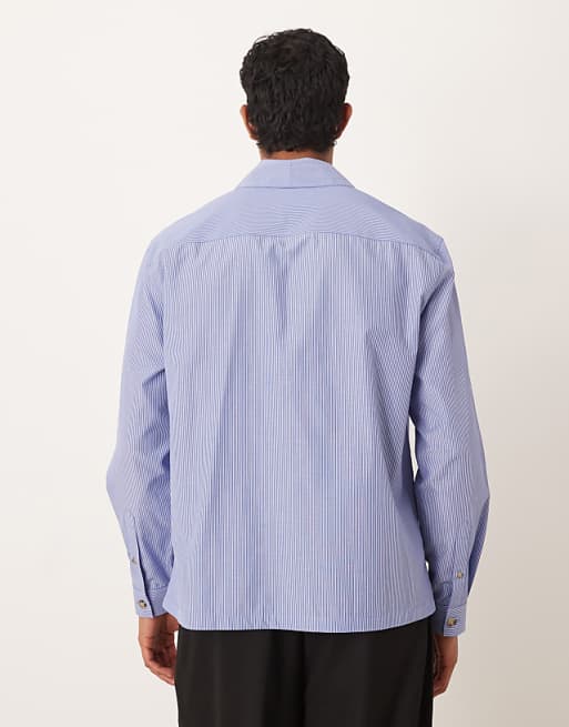 DESIGN Relaxed Shawl Collar Wrap Over Shirt In Blue Stripe
