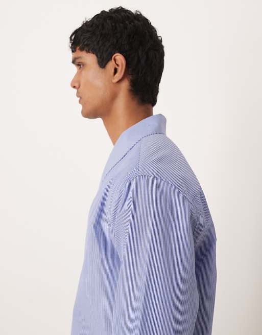 DESIGN Relaxed Shawl Collar Wrap Over Shirt In Blue Stripe