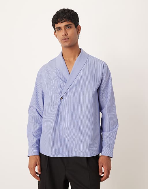 DESIGN relaxed shawl collar wrap over shirt in blue stripe