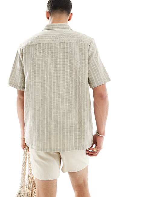 DESIGN Relaxed Shirt In Basket Weave Stripe In Olive Green
