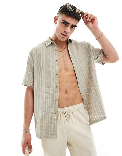 DESIGN relaxed shirt in basket weave stripe in olive green