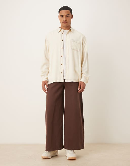 DESIGN Relaxed Shirt In Cream With Contrast Stitching And Badge Detail