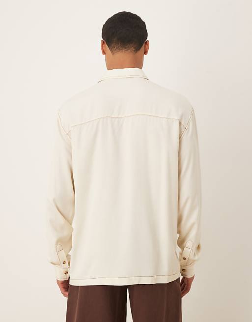 DESIGN Relaxed Shirt In Cream With Contrast Stitching And Badge Detail