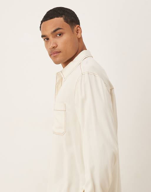 DESIGN Relaxed Shirt In Cream With Contrast Stitching And Badge Detail