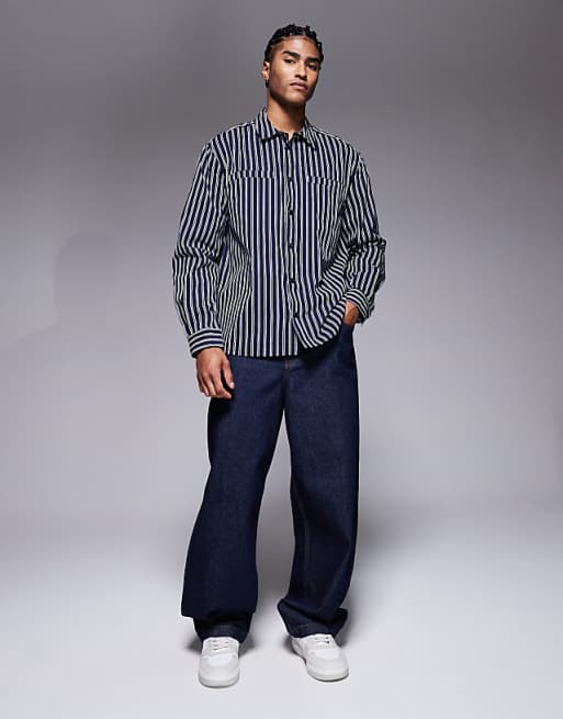 DESIGN Relaxed Shirt In Navy Stripe