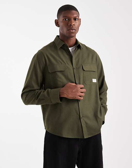 DESIGN relaxed shirt with badge detail in khaki