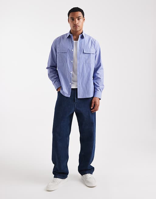 DESIGN Relaxed Shirt With Cargo Pockets In Blue Stripe