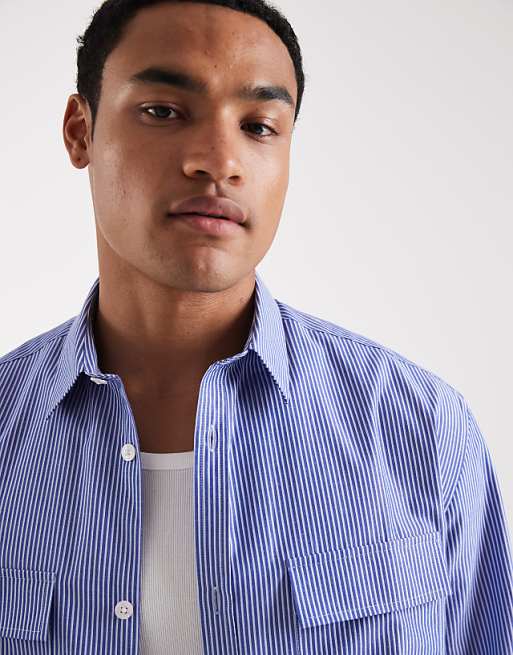 DESIGN Relaxed Shirt With Cargo Pockets In Blue Stripe