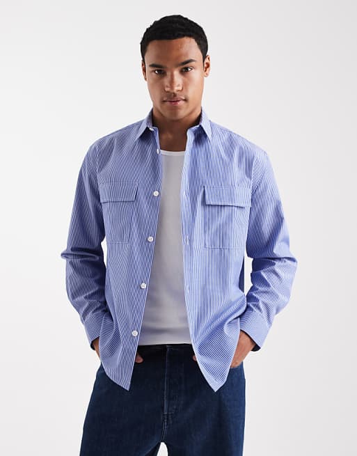 DESIGN relaxed shirt with cargo pockets in blue stripe