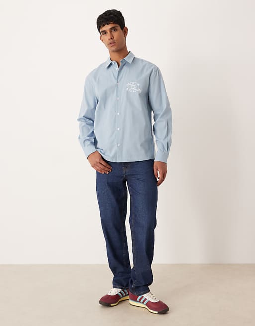 DESIGN Relaxed Shirt With Chest And Back Embroidery In Blue