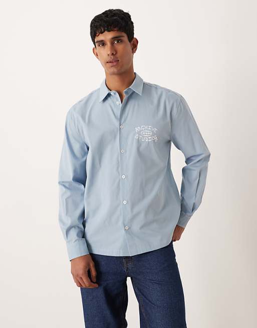 DESIGN Relaxed Shirt With Chest And Back Embroidery In Blue