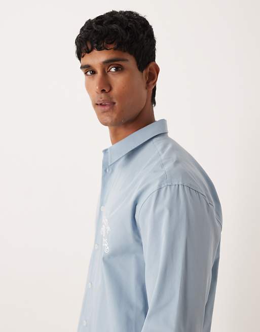 DESIGN Relaxed Shirt With Chest And Back Embroidery In Blue
