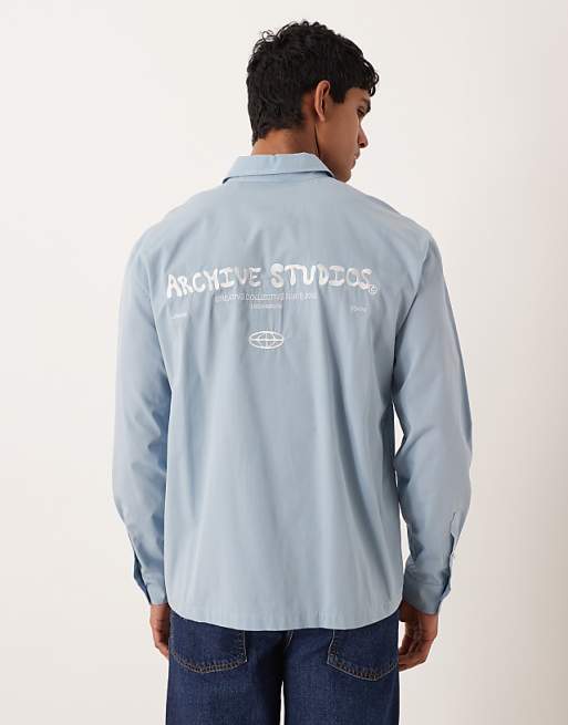 DESIGN relaxed shirt with chest and back embroidery in blue