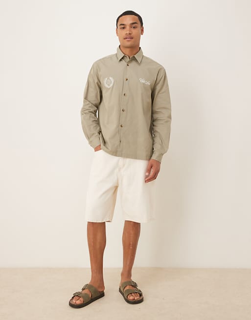 DESIGN Relaxed Shirt With Chest Embroidery In Khaki