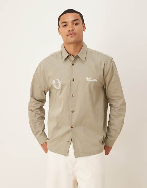 DESIGN relaxed shirt with chest embroidery in khaki