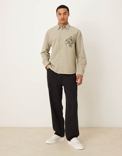 DESIGN Relaxed Shirt With Chest Embroidery In Khaki