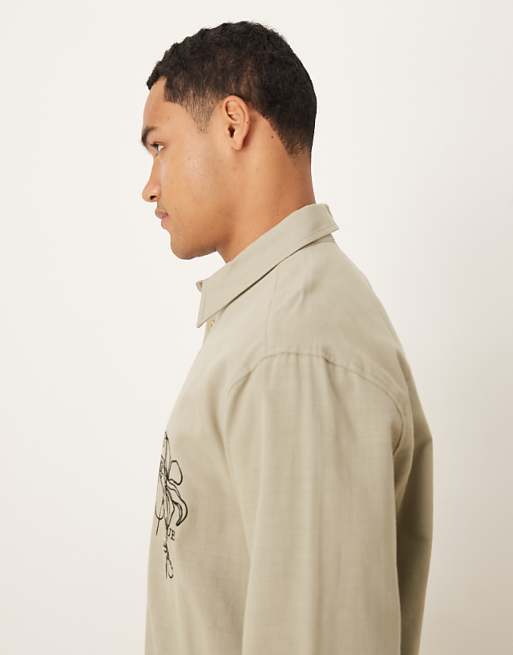 DESIGN Relaxed Shirt With Chest Embroidery In Khaki