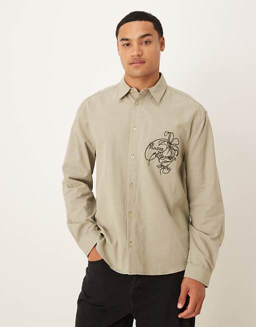 DESIGN relaxed shirt with chest embroidery in khaki