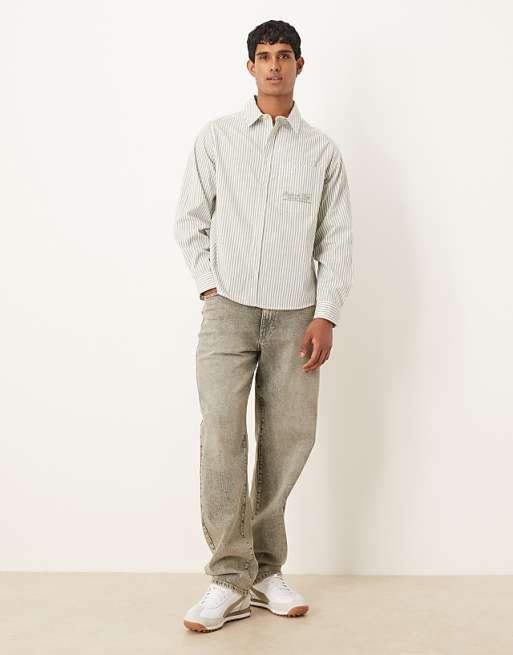 DESIGN Relaxed Shirt With Embroidery In Green And White Stripe
