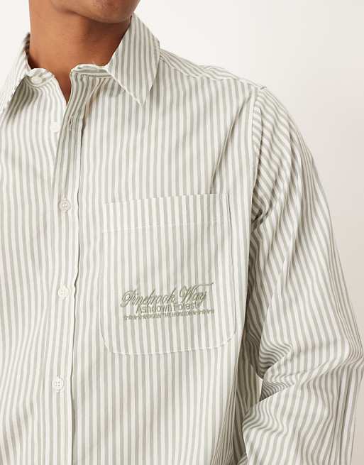 DESIGN Relaxed Shirt With Embroidery In Green And White Stripe