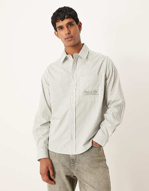 DESIGN relaxed shirt with embroidery in green and white stripe