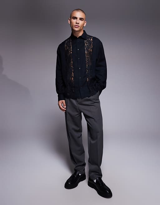DESIGN Relaxed Shirt With Lace Insert In Black