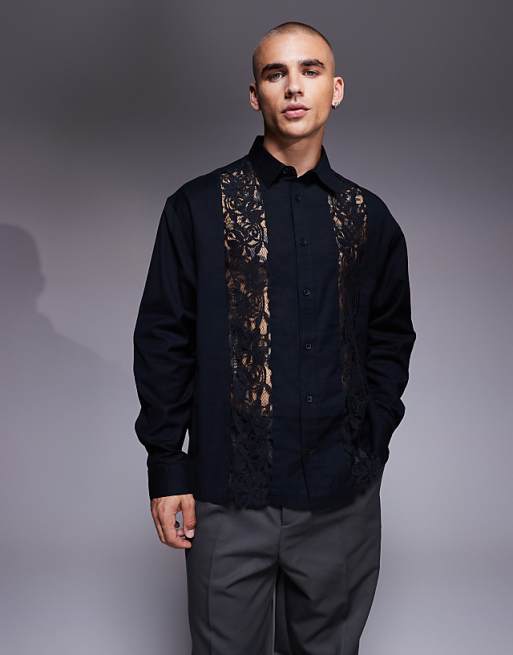 DESIGN relaxed shirt with lace insert in black