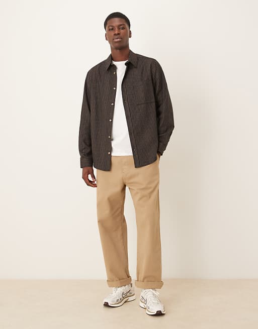 DESIGN Relaxed Shirt With Pocket In Navy And Brown Stripe