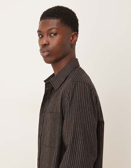 DESIGN Relaxed Shirt With Pocket In Navy And Brown Stripe
